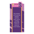 The Young and Fun Dish Towel by Drinks On Me is a humorous purple kitchen towel with orange edges and abstract pink patterns, featuring the witty text: “One minute you’re young and fun. And the next, you’re turning down the stereo in your car to see better.”.