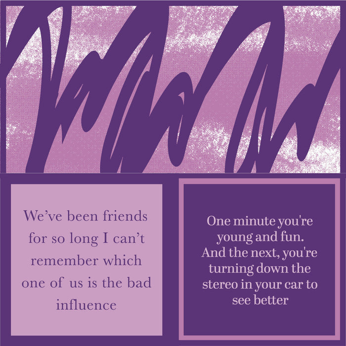The Young and Fun Napkin by Drinks On Me features a purple and pink scribble background with two text boxes, showcasing witty friendship quotes about being bad influences and growing older together. Perfect for gifting or pairing with cocktail napkins.