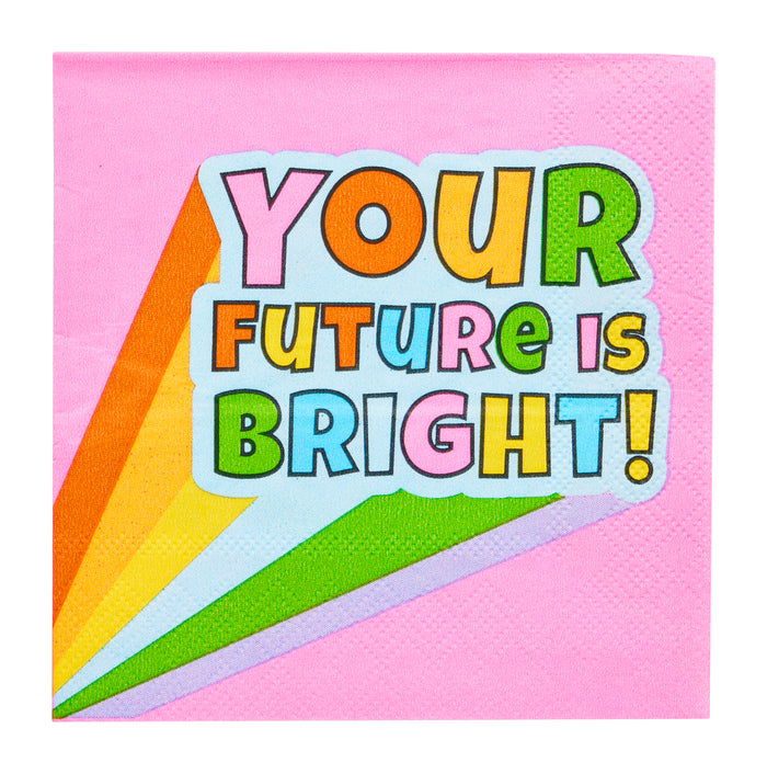Celebrate graduation with Sugarplum's "Your future is bright" cocktail napkins (26pk), featuring a pink background, colorful text, and a rainbow beam design—perfect for any graduation party!.