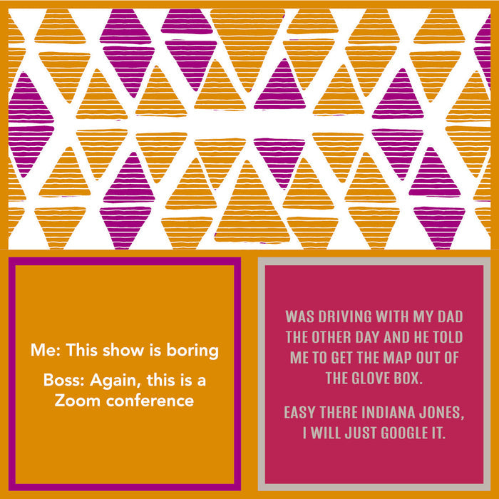 A geometric pattern of orange and purple triangles decorates the top. Below, two colorful boxes feature a Zoom conference joke and a Google Maps story—ideal laughs from Drinks On Me’s Zoom Napkin for anyone seeking funny cocktail napkins or birthday gifts.